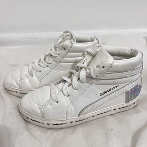 Justice Sport White High Top Sneakers Size 2 Reflective Silver Outdoor Girls
